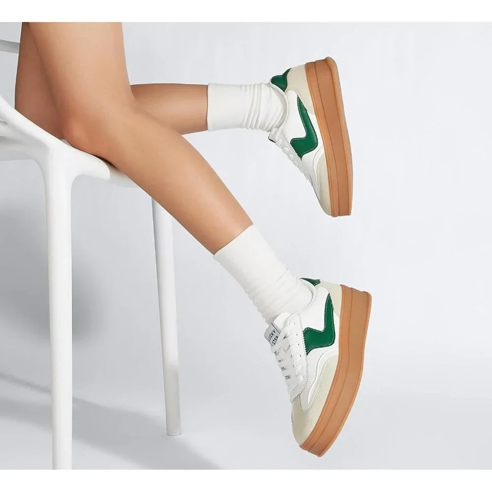 Women Platform WhiteGreen Sneaker Thick Sole Suede Leather Low Top Walking Shoes - Picture 7 of 9